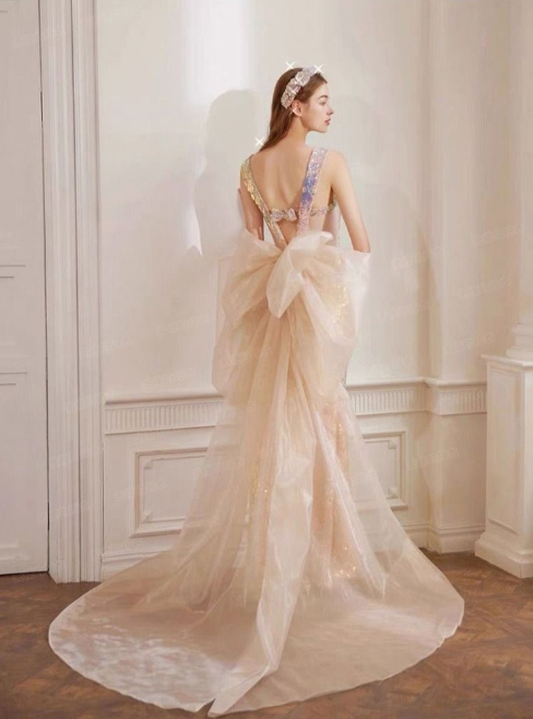 Robe de bal sirène rose magnifique et étincelante avec nœud amovible, longue robe de bal élégante à paillettes, robe de soirée gh3544