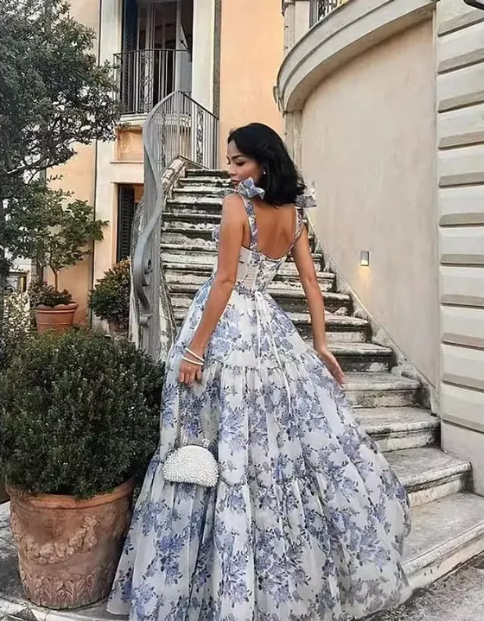 Blue white beautiful charming floral print sweetheart neckline A-line long chiffon ball gown evening dress wedding holiday party dress gh1790