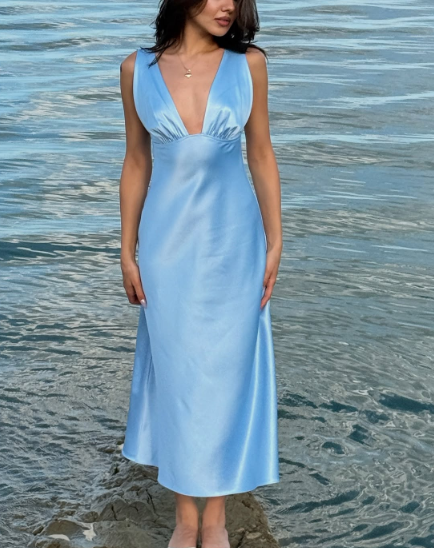 Blue simple elegant V-neck long satin ball gown evening dress gh3165