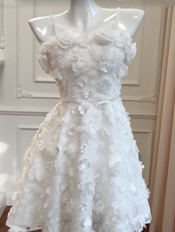 Girlhomeshops -White three-dimensional flower tube top sweet cute short chiffon homecoming dress birthday party dress gh5098