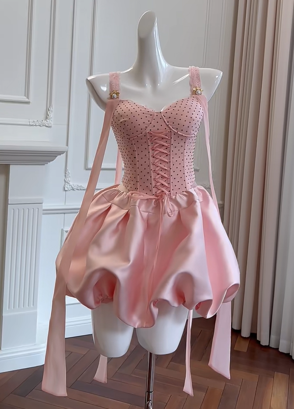 Girlhomeshops -Cherry Blossom Pink Bud Short Satin Lace Homecoming Dress Birthday Party Dress Prom Dress gh5104