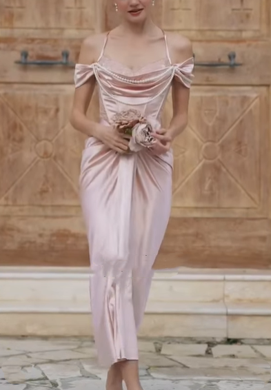 Pink vintage pearl beading long satin formal Prom dress evening dress party dress bridesmaid dresses gh4899