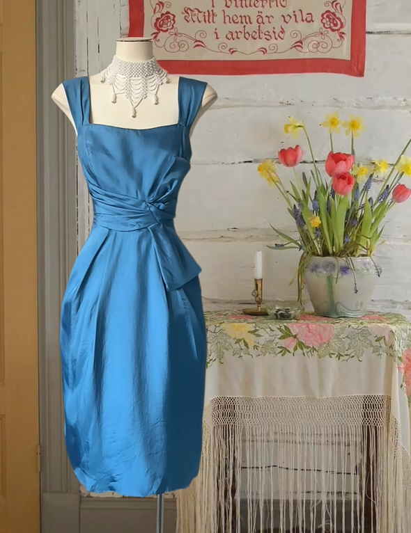 girlhomeshops--Blue Satin Simple Homecoming Dress gh5698