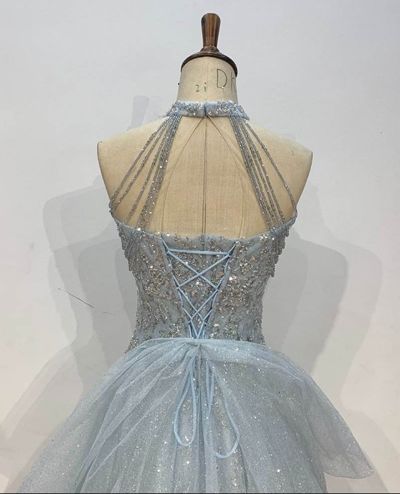 Light blue elegant gorgeous exquisite beaded long Tulle shining ball gown evening dress wedding dress gh4353