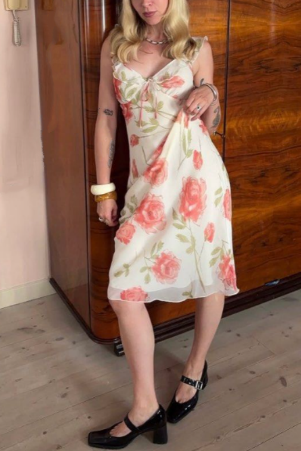 girlhomeshops-Floral Chiffon Ruffled Shoulder Strap Chill Mid-Length Dress gh5864