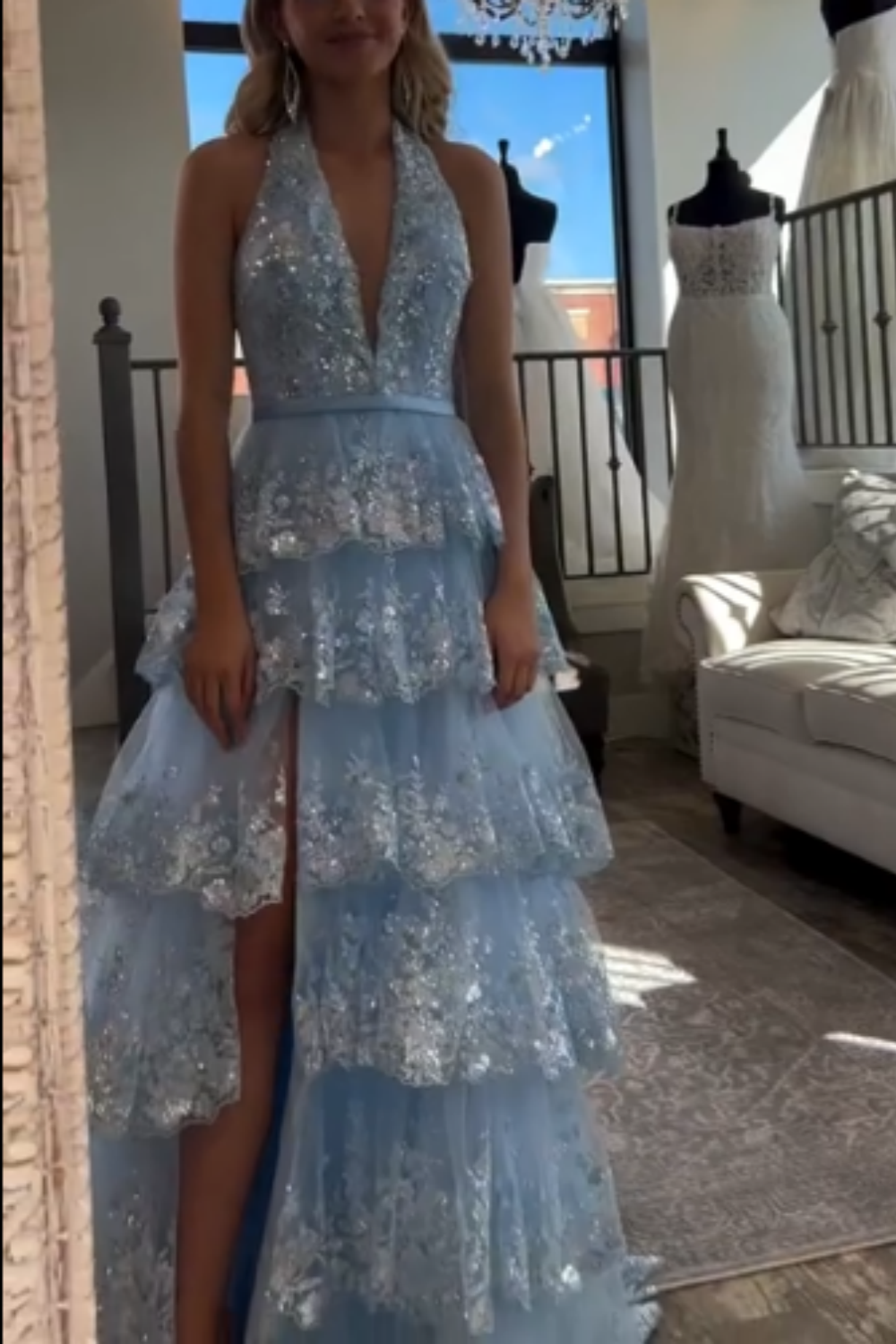 girlhomeshops-Blaues langes Prinzessinnen-Abschlussballkleid mit glänzenden Pailletten und langem Tüll gh5926