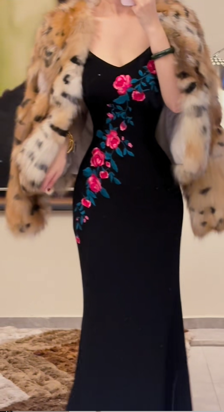 Vintage Luxury Style Mermaid Ankle-Length Black Pink Rose Embroidered Camisole Gown - Slim Elegant Dress for Dinner & Date gh6488