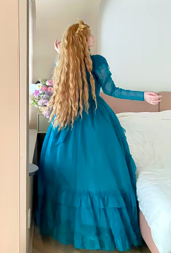 Peacock Blue Tulle High Neck Long Sleeve Tiered Floor-length Ballgown Victorian Retro Party·Evening Dress gh6740