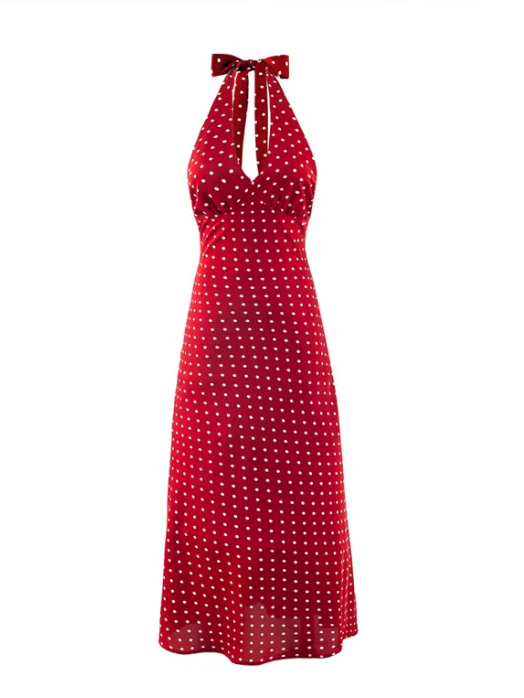 French-style deep V-neck red polka dot halter dress for women, summer fitted waist vacation maxi dress 11349