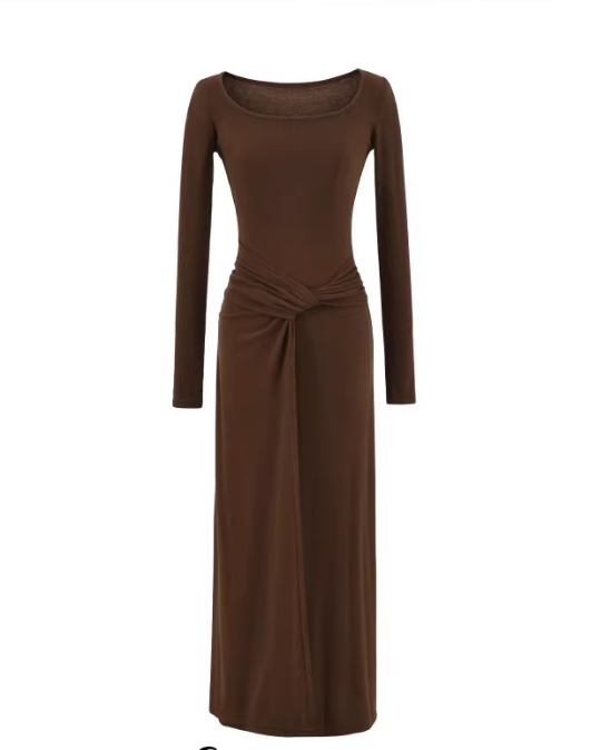 New European and American style elegant knitted knotted dress, long sleeves, waist-cinching, hip-hugging, slimming maxi dress 11353