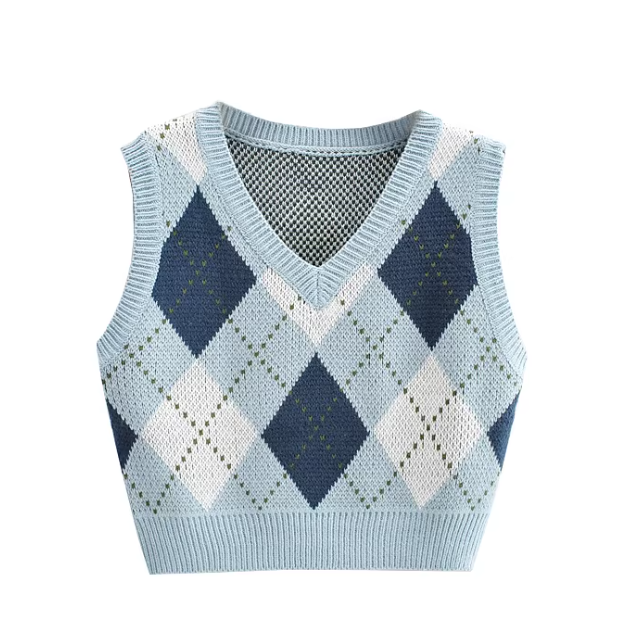 Retro preppy style color-blocked plaid knit vest, versatile for layering, V-neck sleeveless vest for women 11354