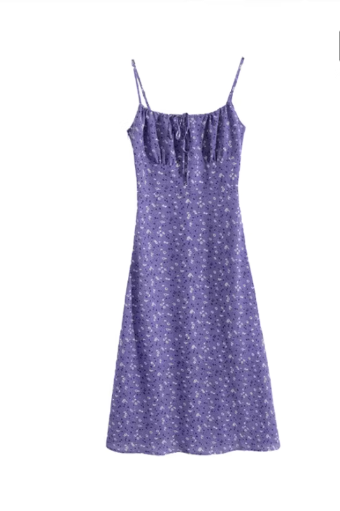 French retro floral print sundress for women, with a tie at the chest, slimming A-line silhouette, perfect for vacation. 11355