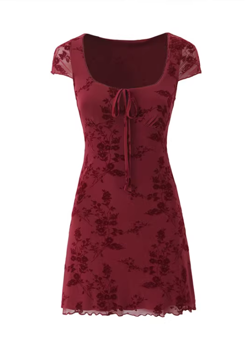 French retro square neckline bow floral flocked short-sleeved dress, slim-fitting A-line skirt 11358