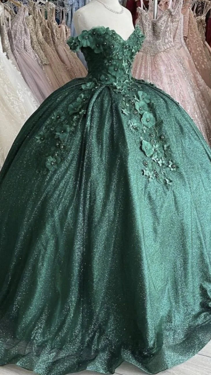 Robe de bal verte à épaules dénudées avec fleurs pour Sweet 16 gh919