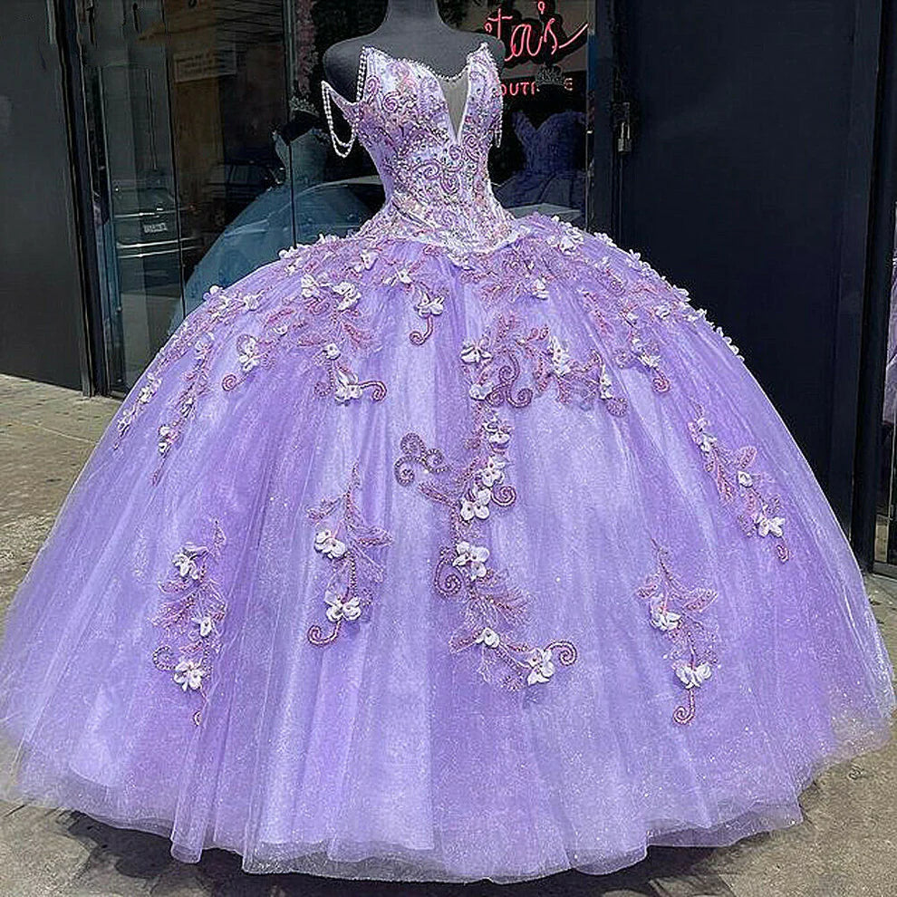 Lavender purple long quinceanera dress prom dress evening gown off the shoulder beaded flowers sweet 16 years old dress gh933