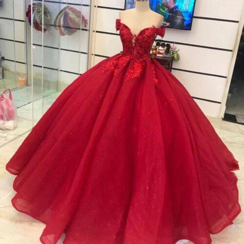 Red Off Shoulder Wedding Dresses Tulle with Lace Appliques Corset Princess Gowns gh1033