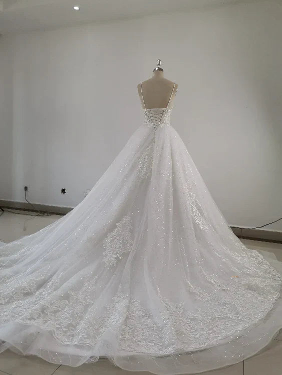 Wunderschönes handgefertigtes Träger-Spitze-Tüll-Hochzeitskleid, langes Brautkleid gh435