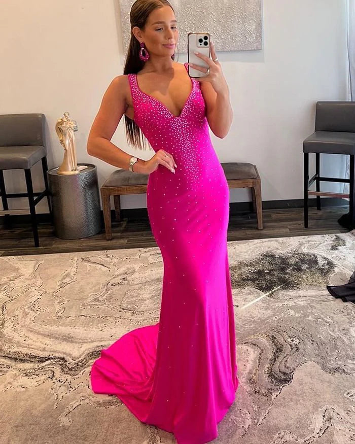 Rose Red V-neck Beading Mermaid Prom Dress with Side Slit gh2587