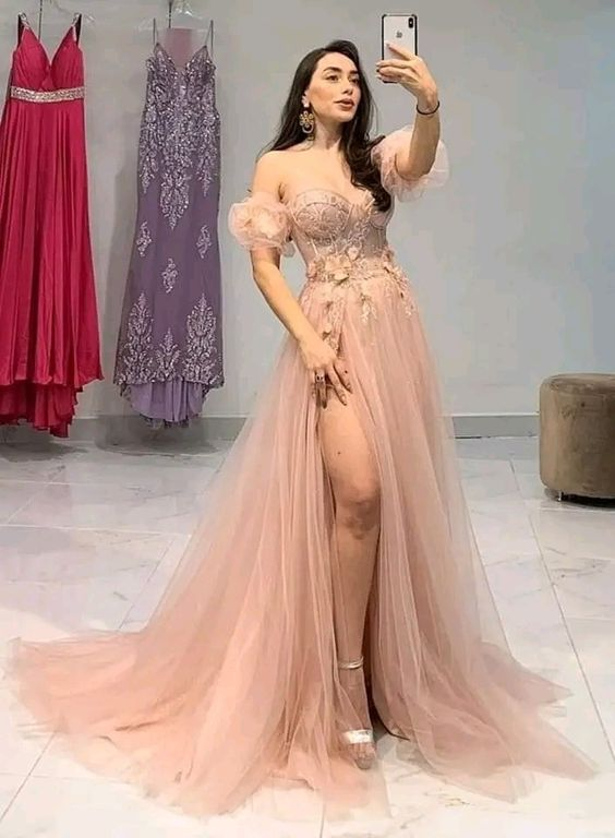 Off the shoulder pink tulle pom dress a line evening dress with slit gh2745