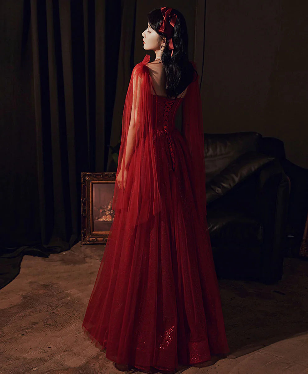 Burgunderrotes, glänzendes, elegantes Ballkleid mit Spaghettiträgern und langen Pailletten aus Tüll 8263