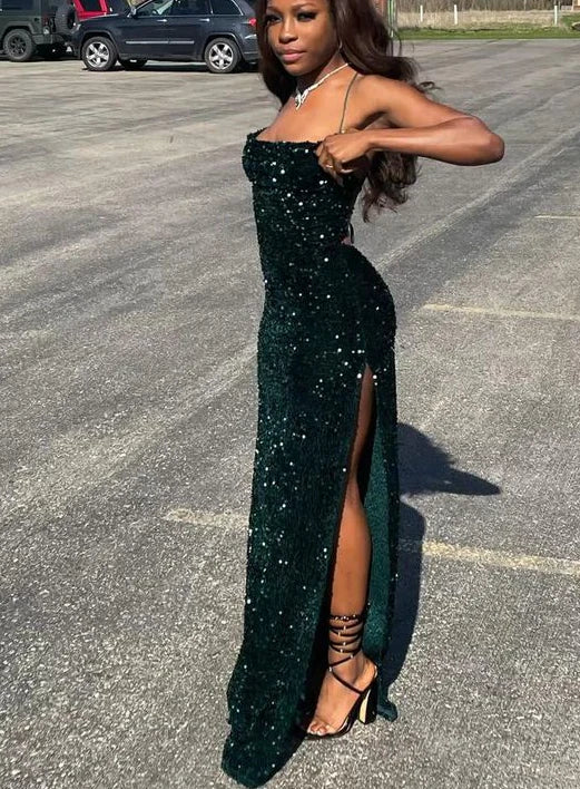 Dark green shiny elegant mermaid sequins long slit sexy ball gown prom dress evening dress 22nd birthday outfit party dress gh2986
