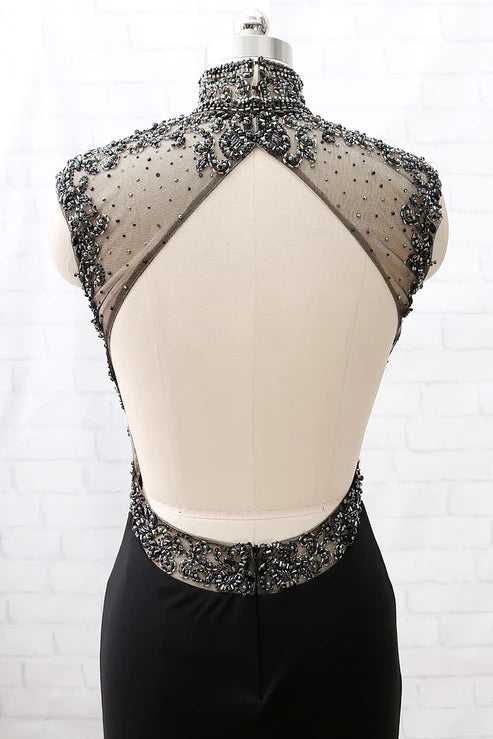 Black Beaded Turtleneck Formal Tulle Mermaid Evening Gown Prom dresses Party Dress with Slits gh4897