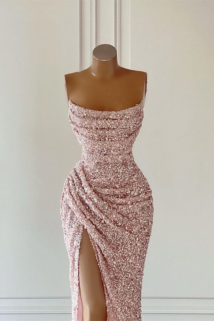 Gorgeous Pink Sequined Sleeveless Prom Dress With Slit gh2723