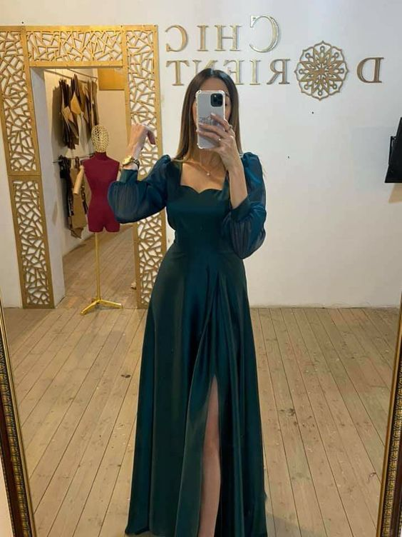 Robe de soirée verte à manches longues en tulle gh2763