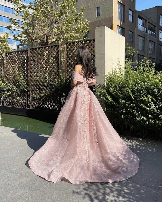 Pink glitter exquisite beading off-shoulder A-line elegant long tulle ball gown evening dress fairy princess dress gh2752