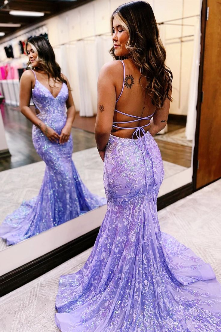 Lilac Sequin Lace V-Neck Long Prom Dress gh2966