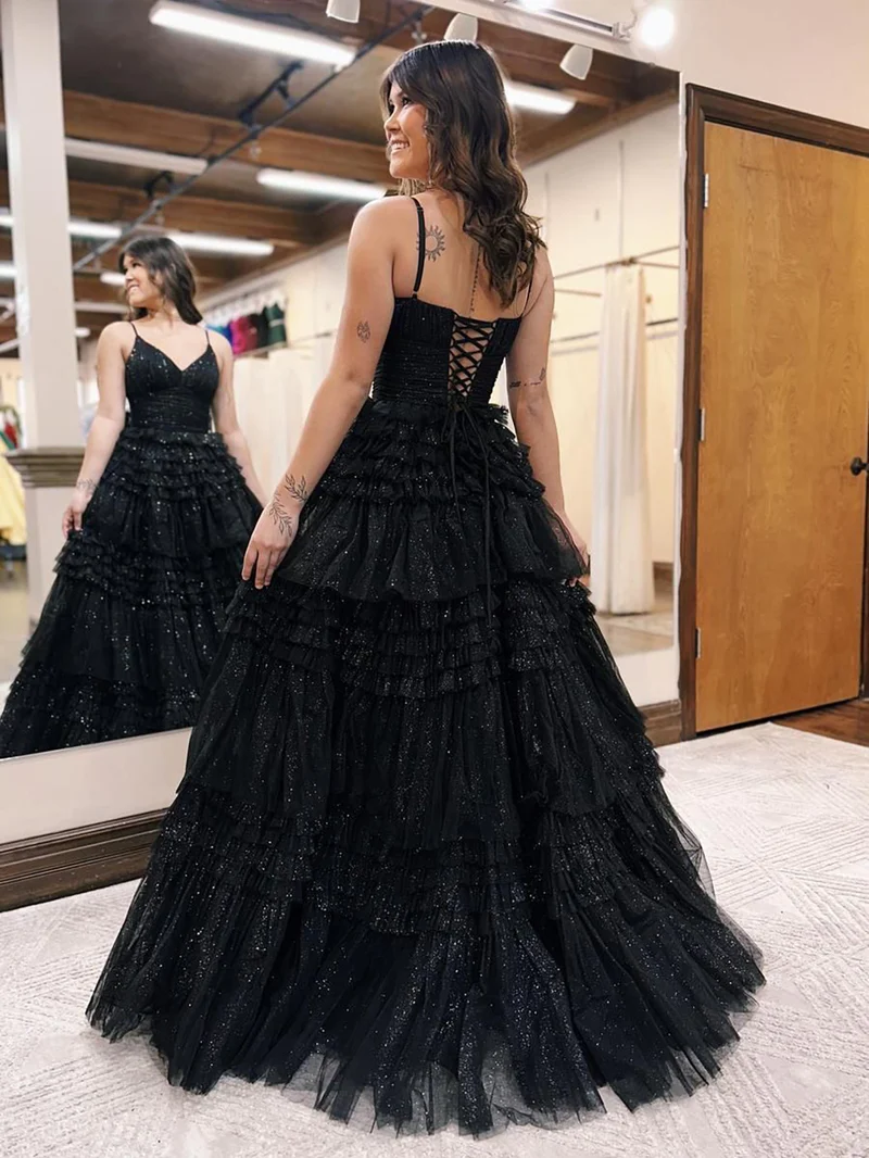 A-Line Deep V Neck Tiered Long Glitter Tulle Prom Dress gh2679