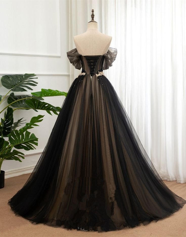 Robe longue de soirée noire et champagne à épaules dénudées, robe de bal trapèze gh2758