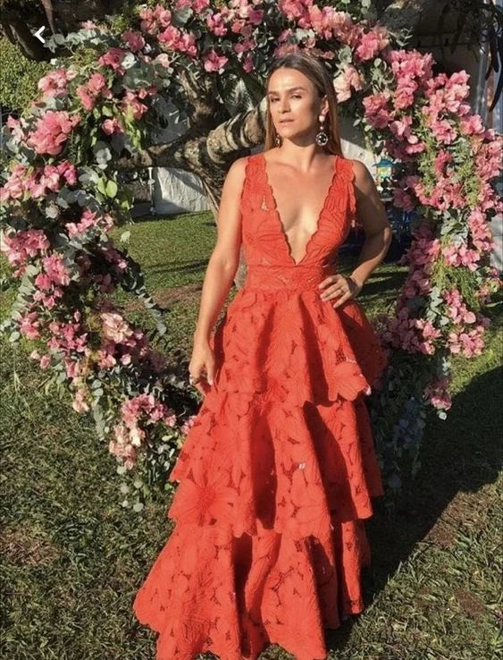 Robe de soirée longue à volants et décolleté en V profond orange gh2810