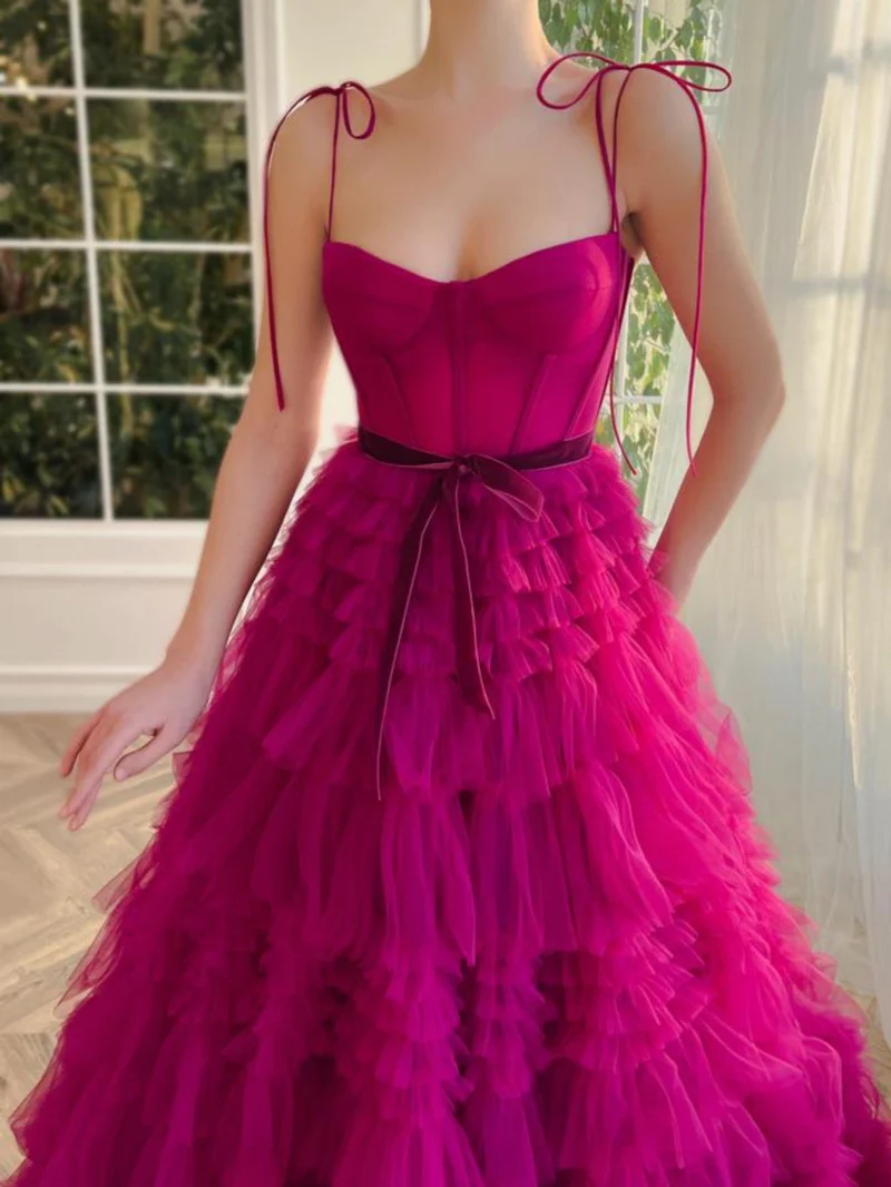 A Line Strapless Fuchsia Tiered Long Tulle Prom Dress gh2678