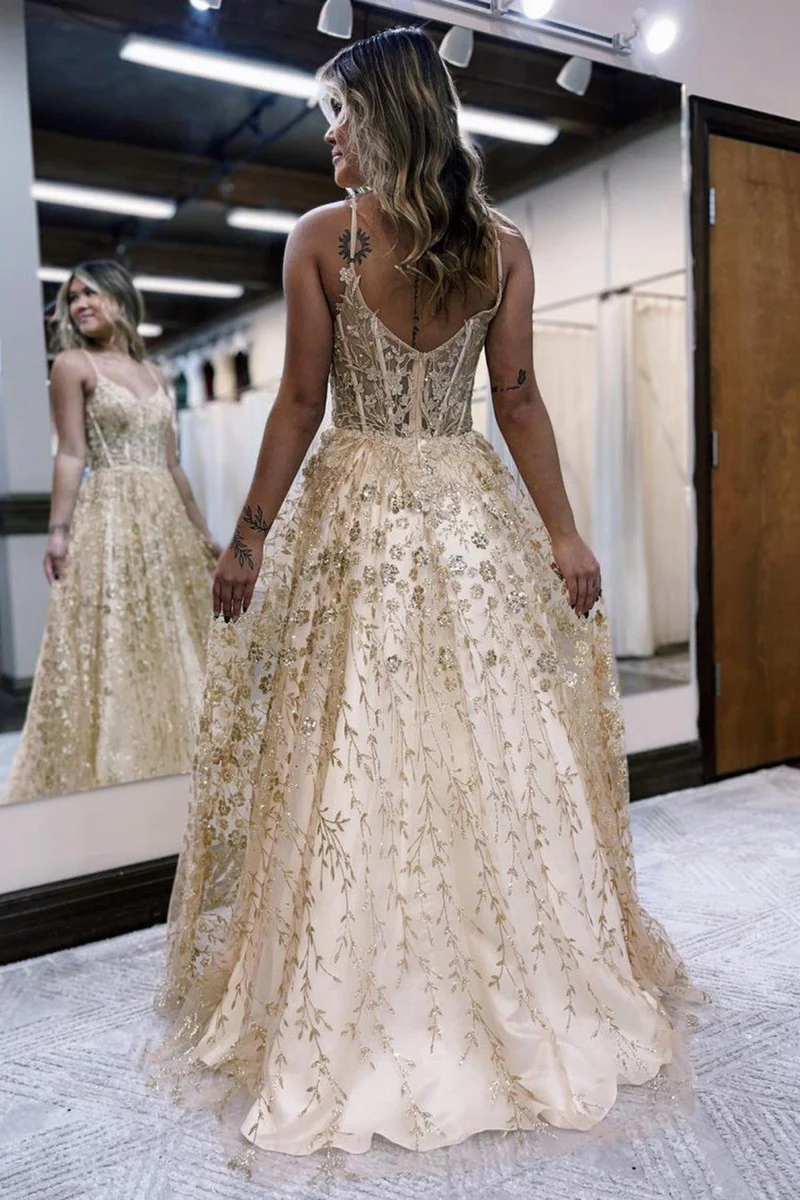 A Line Spaghetti Straps Lilac Corset Prom Dress with Appliques gh2675