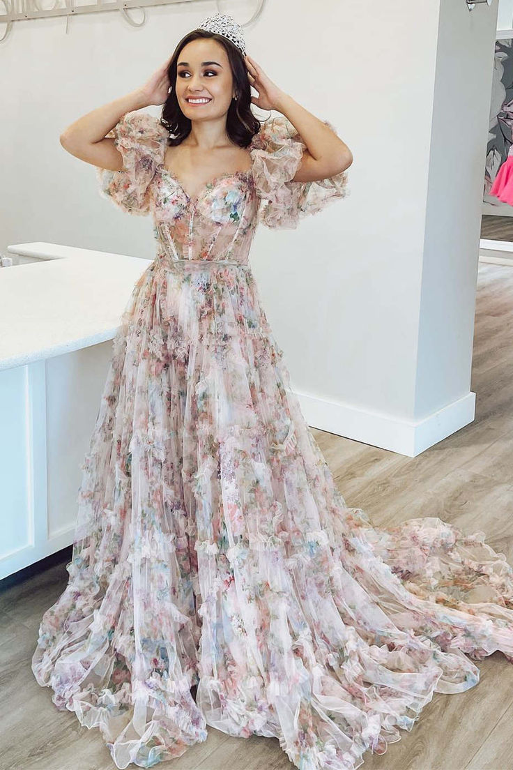 Princess A-Line Floral Corset Long Prom Dress with Balloon Sleeves gh2896