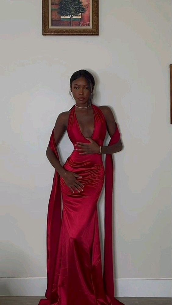 green emerald velvet dress Red sexy elegant mermaid V neck long satin prom dress evening gown par –  girlhomeshops