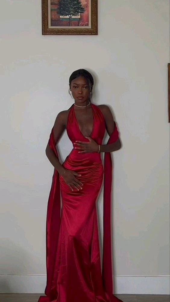 Robe de soirée longue en satin rouge sexy et élégante avec col en V et sirène gh2997