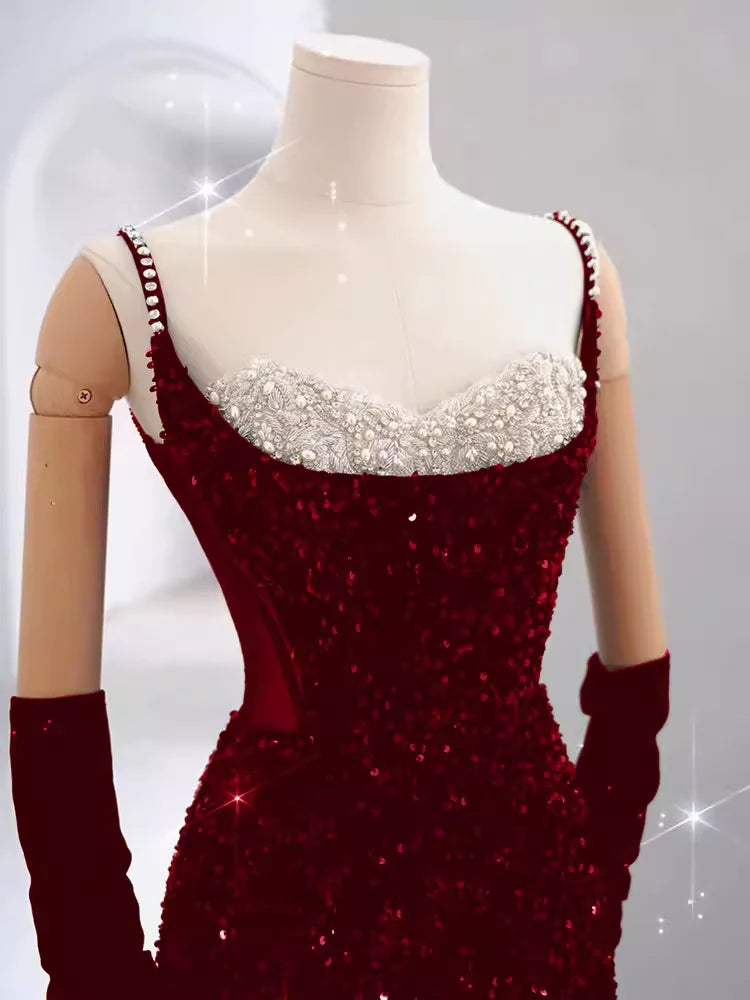 Girlhomeshops-Burgundy Shiny Elegant Long Sequined Ball Gown Evening Dress Party Dress gh5027