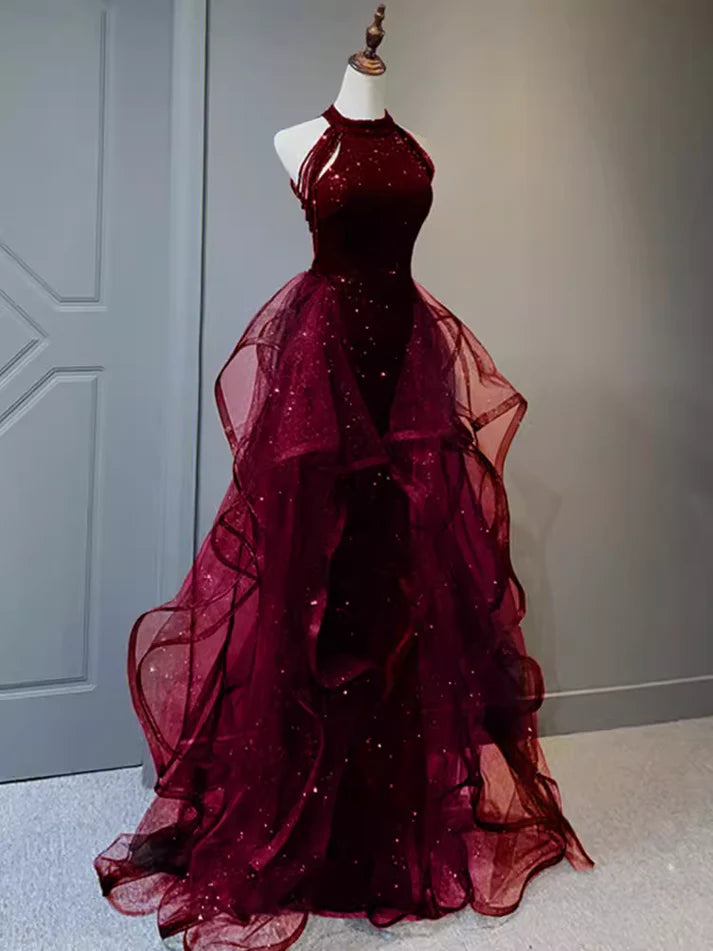 Robe de soirée longue élégante moulante à paillettes bordeaux/noir/bleu brillant gh3058