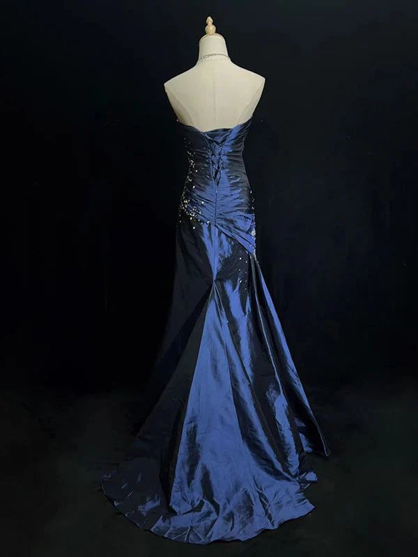 Blaues, elegantes, bodenlanges Ballkleid aus Satin mit exquisiter Perlenstickerei im Vintage-Stil (gh3636)