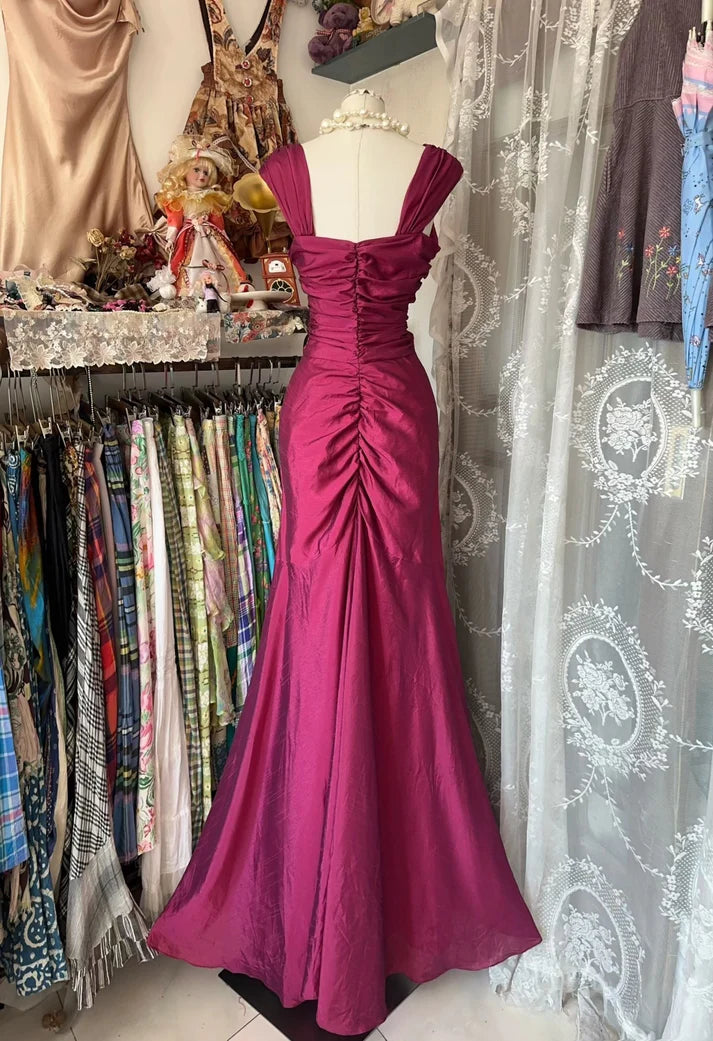 Robe de soirée longue plissée style sirène rose vintage en satin longueur au sol gh3379