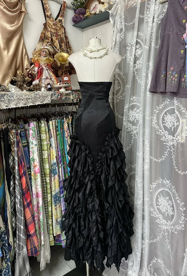 Black vintage fashion elegant long mermaid ruffle floor length evening gown prom dress party dress gh3632