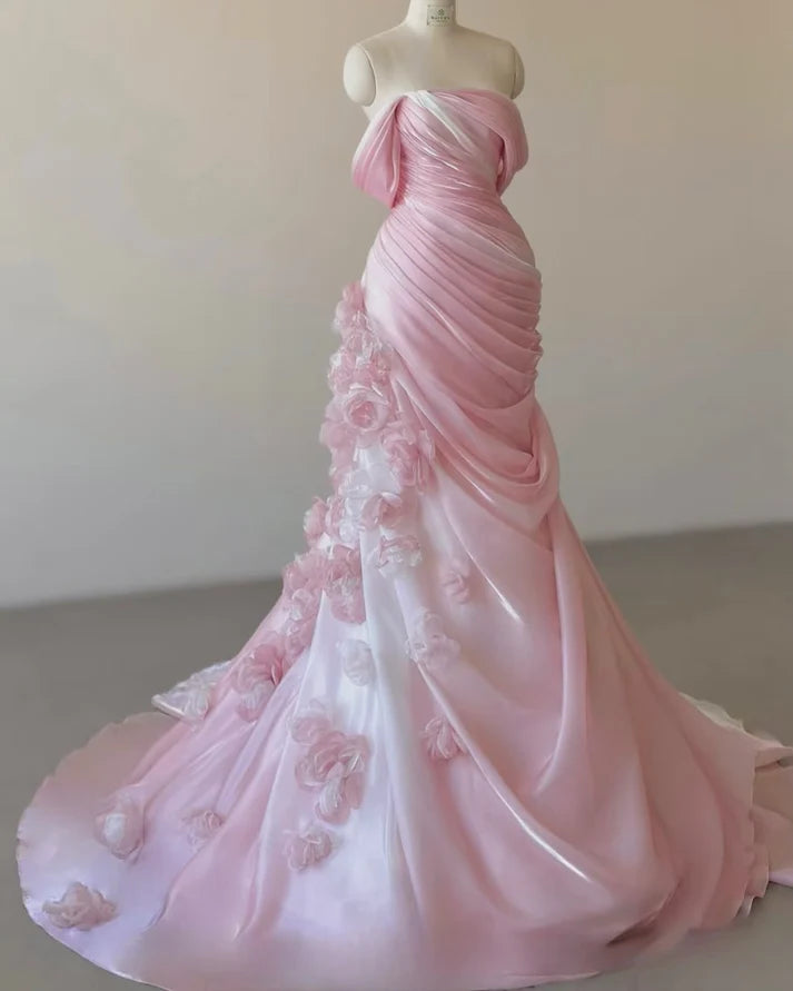 Robe de mariée de soirée en tulle rose magnifique et exquise, style sirène, sans bretelles, longue, longueur au sol, gh3396