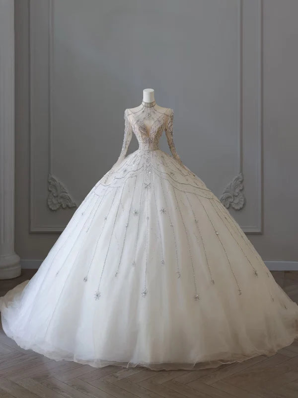 Ivory White Beaded Fashion Long Train Tulle Ball Gown Wedding Dress gh4952