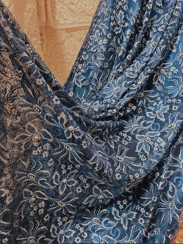 Saphirblau exquisite Perlen plissiert elegante und charmante Retro-Mode floral lange Taft Spitze Ballkleid Abendkleid gh4435