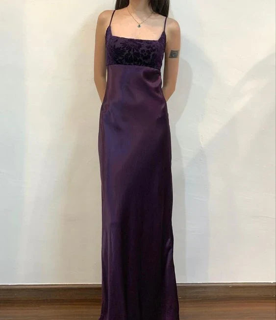 Robe de soirée longue en satin violet, élégante, vintage, à fleurs, bretelles spaghetti, pour fête d'anniversaire, bal, gh3930