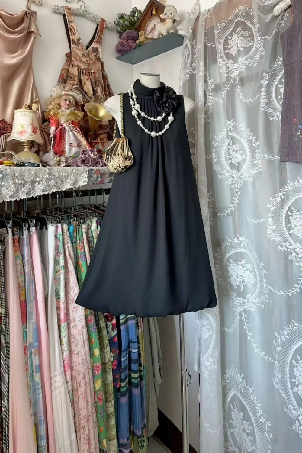 Vintage Black Sleeveless Dress | High Neck Pearl Embellished A-Line Dress, Gala Party Gift Outfit for Girls gh6447
