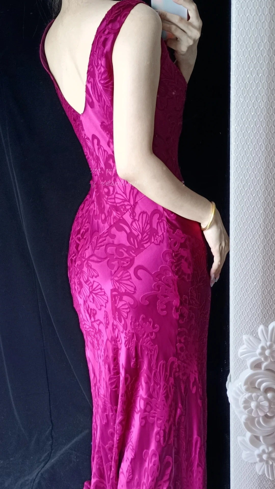 Robe de soirée sirène en satin rose foncé, élégante, longue, décolleté en dentelle, style vintage, motif floral, gh4711