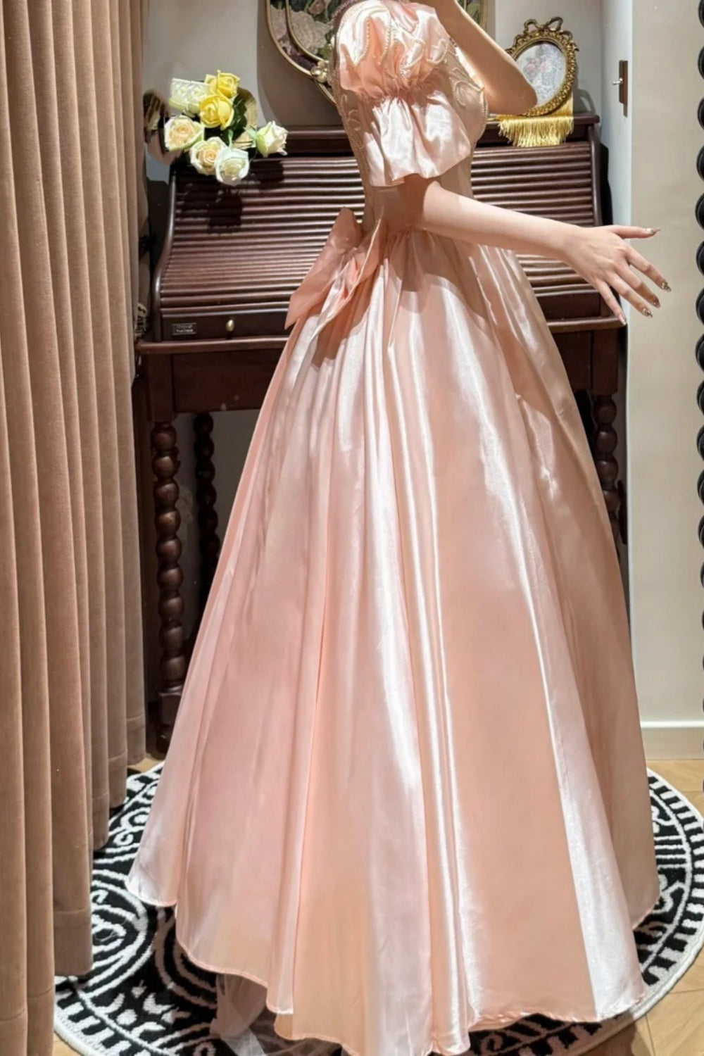 girlhomeshops-Pink Exquisite Beaded Long Satin Princess Formal Prom Dress Graduation Dress Evening Dress gh5975